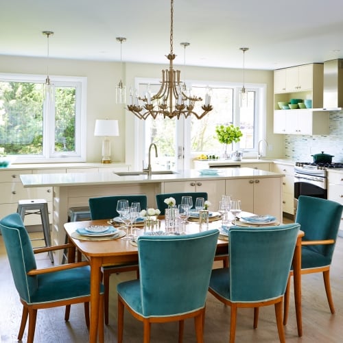Mint Medley - Dining area and kitchen - greens and whites on teak, white kitchen area